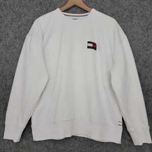 Tommy Jeans Sweatshirt Mens L White Badge Crewneck Logo Fleece Pullover Casual